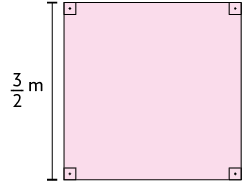 Ilustração de um quadrado com lados medindo início de fração, numerador: 3, denominador: 2, fim de fração, metros.