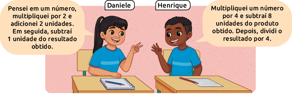 Ilustração de duas crianças: Daniele e Henrique, cada uma em sua carteira, eles estão conversando. Daniele diz: 'Pensei em um número, multipliquei por 2 e adicionei 2 unidades. Em seguida, subtraí uma unidade do resultado obtido.'. Henrique diz: 'Multipliquei um número por 4 e subtraí 8 unidades do produto obtido. Depois, dividi o resultado por 4.'.