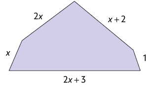 Ilustração de um polígono de 5 lados com as medidas de comprimento indicadas por: x, 2x mais 3, 1, x mais 2, 2x.