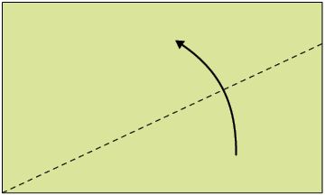 Ilustração de uma cartolina em formato retangular e uma linha tracejada que vai do vértice inferior esquerdo até um ponto do lado direito do retângulo. Há uma seta indicando a dobradura do lado formado pela linha tracejada diante da outra parte.