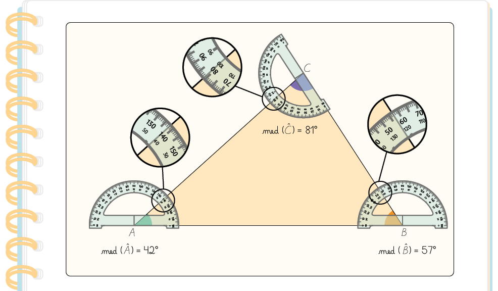 Ilustração de uma folha de caderno com um triângulo A B C desenhado. Há um transferidor medindo cada ângulo interno do triângulo e as informações: medida do ângulo A igual a 42 graus, medida do ângulo B igual a 57 graus e medida do ângulo C igual a 81 graus.