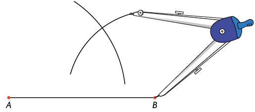 Ilustração de um compasso traçando um arco, com sua ponta seca no ponto B do segmento de reta que vai de um ponto A ao ponto B. O arco traçado cruza com outro já desenhado.