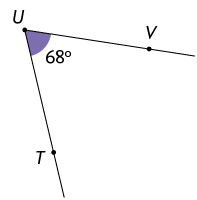 Ilustração de um ângulo de 68 graus entre duas semirretas de mesma origem U, uma possui o ponto V e outra possui o ponto T. A abertura do ângulo está virada para baixo.