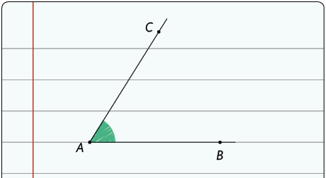 Ilustração de uma folha de caderno com o desenho de um ângulo entre duas semirretas de mesma origem A, uma possui o ponto C e outra possui o ponto B. Esse ângulo tem medida aproximada de 58 graus. 