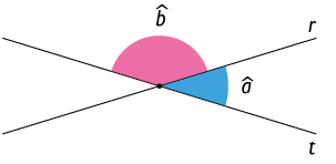 Ilustração de duas retas, r e t que se cruzam formando um X. 2 dos respectivos ângulos formados estão demarcados, em que o ângulo de cima da vertical é b e o ângulo da direita da horizontal é a.