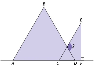 Ilustração de um triângulo A B D e ao lado há o triângulo C E F, ambos com suas bases sobre um mesmo segmento de reta, além disso  o lado C E cruza o lado B D do triângulo anterior, formando um ângulo x, dentro do triângulo C E F, o qual também possui no vértice F um ângulo interno reto.