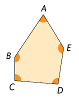 Ilustração de um pentágono irregular de vértices, em sentido horário, B, A, E, D, C e com seus ângulos internos demarcados.
