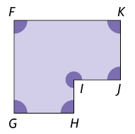 Ilustração de um polígono irregular com 7 lados de vértices, em sentido horário, G, F, K, J, I, H e com seus ângulos internos demarcados.