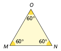 Ilustração de um triângulo M N O com a indicação de todos os seus ângulos internos de 60 graus.