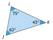 Ilustração de um triângulo J K L com as seguintes medidas de seus ângulos internos: 62 graus; 43 graus; e 75 graus.