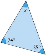 Ilustração de um triângulo com as seguintes medidas de seus ângulos internos: 74 graus; 55 graus; e x.
