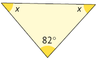 Ilustração de um triângulo com as seguintes medidas de seus ângulos internos: 82 graus; x; e x.