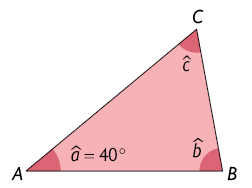Ilustração de um triângulo com as seguintes medidas de seus ângulos internos: a minúsculo igual a 40 graus; b minúsculo; e c minúsculo.