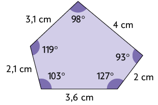 Ilustração de um pentágono com os lados demarcados medindo, em sentido horário, 2,1 centímetros, 3,1 centímetros, 4 centímetros, 2 centímetros e 3,6 centímetros. Os ângulos internos desse polígono medem, em sentido horário, 119 graus, 98 graus, 93 graus, 127 graus e 103 graus.