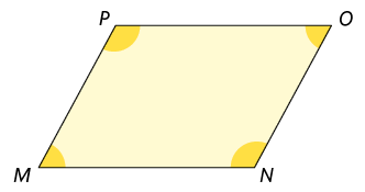 Ilustração de um paralelogramo de vértices M N O P. E com ângulos internos diferentes de 90 graus.