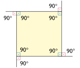 Ilustração de um quadrilátero com ângulos internos e externos demarcados. Os ângulos internos medem 90 graus e os ângulos externos medem 90 graus.