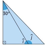Ilustração de dois triângulos, com um lado em comum. O da esquerda possui os ângulos internos demarcados medindo 30 graus, 90 graus, i. O triângulo da direita possui só um dos ângulos internos demarcados, o j, que é suplementar ao i.