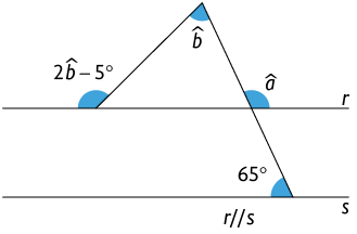 Ilustração de duas retas paralelas, r e s. Há uma reta transversal que cruza as retas r e s, formando o ângulo 65 graus, à esquerda e acima do cruzamento com s; ângulo a, estando à direita e acima do cruzamento com r. Há outra reta que cruza r, formando o ângulo 2 b menos 5 graus, à esquerda e acima do cruzamento com r e se cruza com a outra reta transversal acima de r, formando o ângulo b, abaixo do x do cruzamento. 