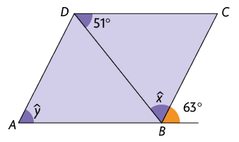 Ilustração de dois triângulos lado a lado, com um lado em comum, que juntos formam um paralelogramo. O da esquerda possui vértices A B D e o da direita, B C D. Do primeiro triângulo citado, está demarcado o ângulo D A B, equivalente à y, e do segundo triângulo está demarcado o ângulo C D B, equivalente a 51 graus e o ângulo D B C, equivalente a x. Há a demarcação de um ângulo externo no vértice B de 63 graus, de modo que esse ângulo, x e o ângulo A B D são suplementares.