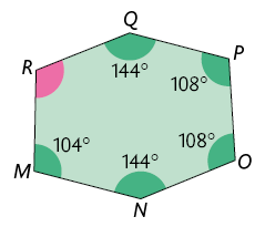 Ilustração de um hexágono de vértices M N O P Q R, com seus 6 ângulos internos demarcados: 104 graus, 144 graus, 108 graus, 108 graus, 144 graus e ângulo destacado em rosa.