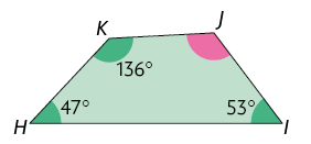 Ilustração de um trapézio de vértices H I J K, com seus 4 ângulos internos demarcados: 47 graus, 53 graus, ângulo destacado em rosa e 136 graus.