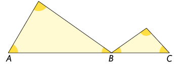 Ilustração de uma reta com os pontos A B C. Há um triângulo com dois vértices sendo A e B e outro com dois dos vértices sendo os pontos B e C. Os dois triângulos possui os ângulos internos demarcados.