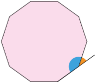 Ilustração de um decágono regular com um de seus ângulos internos demarcados e seu respectivo ângulo externo também demarcado.