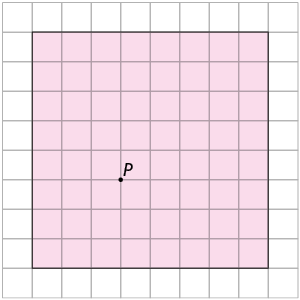 Ilustração de uma malha quadriculada com um quadro de 8 quadradinhos de lado. Há um ponto P que está há 3 quadrinhos da base e 3 da altura do quadrado.