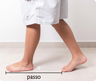 Fotografia das pernas e pé do movimento uma pessoa andando. Entre os pés há a indicação 'passo'.