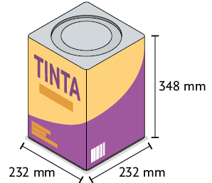 Ilustração de um recipiente no formato de um paralelepípedo retângulo com a informação literal 'tinta' e as demarcações: 348 milímetros de altura, 232 milímetros de largura e 232 milímetros de comprimento.