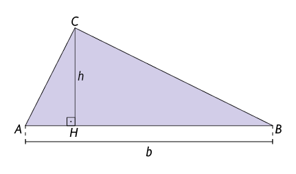 Ilustração de um triângulo com vértices A, B, C, com AB sendo a base, nomeado como b minúsculo. Há um segmento de reta indo do vértice C até o ponto H maiúsculo na base, com 90 graus, nomeado como h minúsculo. 