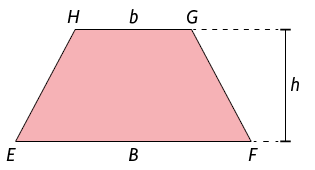 Ilustração de um trapézio com os vértices, em sentido horário, E, H, G, F. A base maior, entre E e F, é nomeada de B maiúsculo e a base menor, entre H e G, é nomeada de b minúsculo. Externamente há a representação da altura, nomeada de h minúsculo.