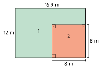Ilustração de um retângulo, 1, de 16,9 metros de comprimento e 12 metros de largura. Dentro desse retângulo, em um canto, há o quadrado, 2, de lado 8 metros.