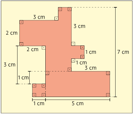 Ilustração de uma figura plana formada por: 3 quadrados de lado 1 centímetro, 1 retângulo de comprimento 5 centímetros e largura 2 centímetros, 1 quadrado de lado 2 centímetros, 1 retângulo de comprimento 4 centímetros e largura 2 centímetros. 
