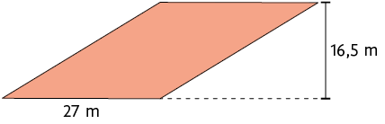 Ilustração de um paralelogramo com a demarcação de 27 metros de comprimento e 16,5 metros de largura, externo.