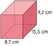 Ilustração de um paralelepípedo reto retângulo, com as dimensões: 9,2 centímetros de altura, 15,5 centímetros de comprimento e 8,7 centímetros de largura.