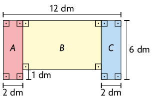 Ilustração de uma figura composta por 3 retângulos, A, B e C. O retângulo A possui 6 decímetros de comprimento e 2 decímetros de largura, o retângulo B possui 8 decímetros de comprimento e 5 decímetros de largura e o retângulo C possui 6 decímetros de comprimento e 2 decímetros de largura.