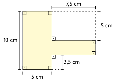 Ilustração de um polígono composto por 2 retângulos. Um retângulo possui 10 centímetros de comprimento e 5 centímetros de largura e o outro retângulo possui 7,5 centímetros de comprimento e 2,5 centímetros de largura.