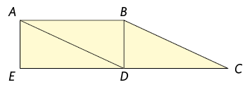 Ilustração de uma figura formada por um retângulo de vértices, em sentido horário, E, A, B, D e um triângulo D, B, C. No retângulo, há uma linha que liga os vértices A e D.