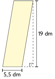 Ilustração de um paralelogramo com 19 decímetros de altura e a base com 5,5 decímetros.