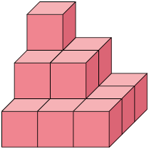 Ilustração de uma pilha irregular, composta por 14 cubos.