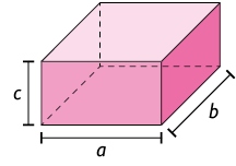 Ilustração de um paralelepípedo reto retângulo, com as dimensões: altura c, comprimento a e largura b.