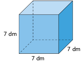 Ilustração de um paralelepípedo reto retângulo, com as dimensões: 7 decímetros de altura, 7 decímetros de comprimento e 7 decímetros de largura.