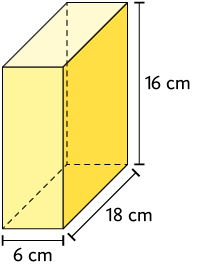 Ilustração de um paralelepípedo reto retângulo, com as dimensões: 16 centímetros de altura, 18 centímetros de comprimento e 6 centímetros de largura.