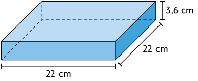 Ilustração de um paralelepípedo reto retângulo, com as dimensões: 3,6 centímetros de altura, 22 centímetros de comprimento e 22 centímetros de largura.