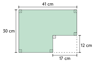 Ilustração de uma figura plana que é formada por um retângulo de 41 centímetros de comprimento e 30 centímetros de largura com uma abertura retangular  de 17 centímetros de comprimento e 12 centímetros de largura. 