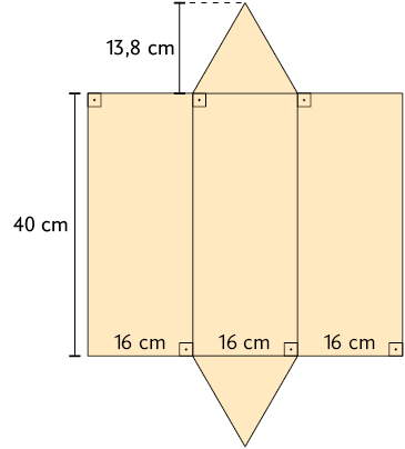 Ilustração de uma figura plana composta por 3 retângulos lado a lado, com seus maiores lados em comum e medidas: 16 centímetros de largura e 40 centímetros de comprimento. O retângulo do meio possui um triângulo alinhado acima e outro abaixo, ambos com 16 centímetros de base e 13,8 centímetros de altura. 