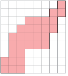 Malha quadriculada com uma figura formada por 30 quadradinhos. A figura se assemelha com uma escada que vai aumentando da esquerda para a direita.