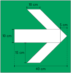 Ilustração de uma seta para a direita, formada por um retângulo no meio da ilustração, dois paralelogramos, um em cima e outro embaixo e um triângulo na ponta. Retângulo: comprimento 35 centímetros e largura 10 centímetros; Paralelogramo: 10 centímetros de base e 15 centímetros de altura; Triângulo, 10 centímetros de base e 5 centímetros  de altura.