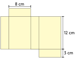 Planificação de um paralelepípedo retângulo, composta por 6 retângulos. 4 desses retângulos têm medida de largura 12 centímetros, sendo que dois destes têm medida de comprimento 8 centímetros, e outros dois têm medida de comprimento 3 centímetros. Os dois retângulos restantes têm 8 centímetros de comprimento e 3 centímetros de largura.